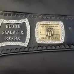 Side plate engraved with Blood Sweat and Beers slogan on fantasy football title belt