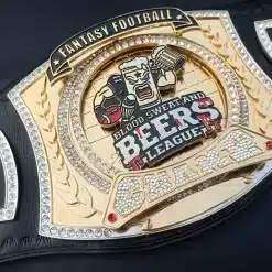 Fantasy football championship belt displayed flat showcasing full design and engraved plates