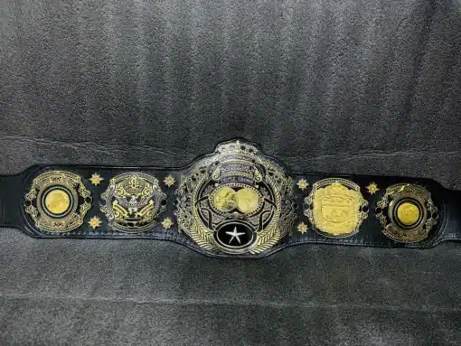 Full display of the Triple Crown Wrestling Championship Belt featuring heavyweight gold-plated plates.