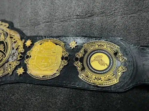 Detailed side plates of the replica Triple Crown Wrestling Championship Belt in gold plating.