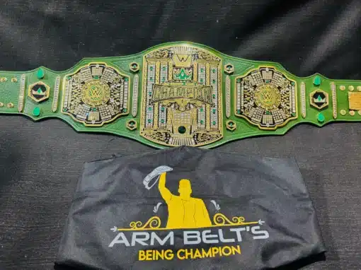 Gold-plated Crown Jewel Championship Belt with intricate detailing, perfect for wrestling champions and collectors.