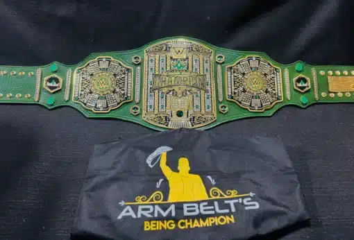 A replica Crown Jewel Championship Belt inspired by WWE, featuring an elegant gold finish and gemstone embellishments.