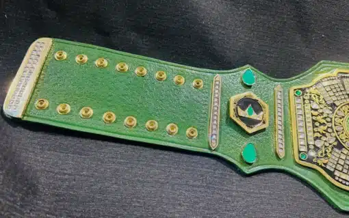 A high-end Crown Jewel Championship Belt with fully customizable plates, text, and a superior leather strap