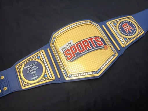 Complete view of the Barstool Sports Championship Belt with centerpiece and side plates.