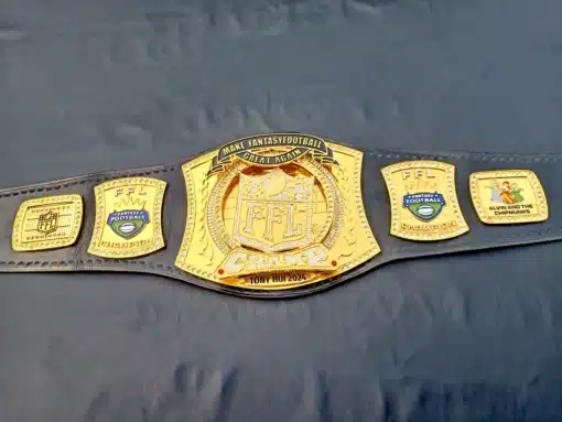 Full-length image of the Spinner Fantasy Football Championship Belt with custom side plates and spinning center.