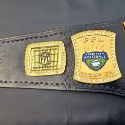 Customizable side plates of The Ultimate Football Belt showcasing league logos and designs.