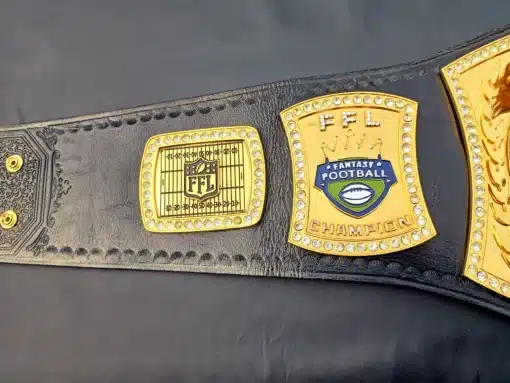 Customizable side plates of The Ultimate Football Belt showcasing league logos and designs.