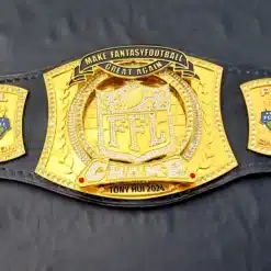 Detailed view of the spinner center plate and customizable side plates on the Fantasy Football Championship Belt.