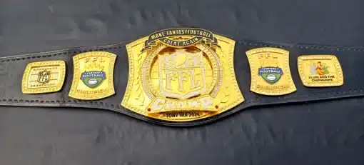 Detailed view of the spinner center plate and customizable side plates on the Fantasy Football Championship Belt.