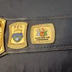 Front view of the Gridiron Glory Fantasy Spinner Championship Belt with customizable metal plates and sparkling crystals.