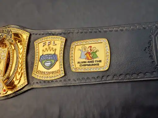 Front view of the Gridiron Glory Fantasy Spinner Championship Belt with customizable metal plates and sparkling crystals.