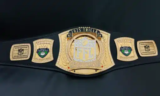 Custom fantasy football championship belt with spinner centerpiece and gold plating