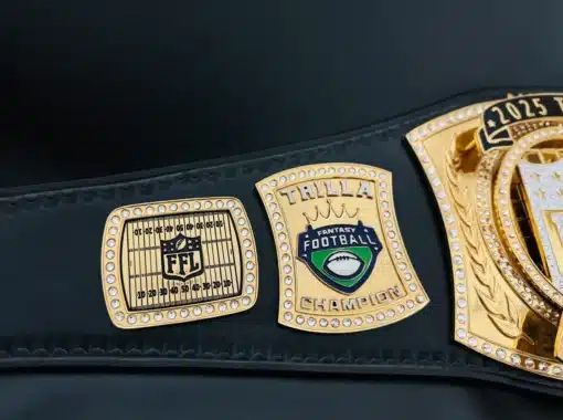 Custom side plates on fantasy football belt with FFL yard markings