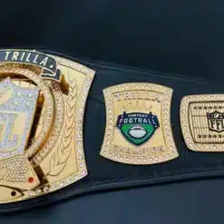 Engraved fantasy belt with TRILLA champion logo and gem border