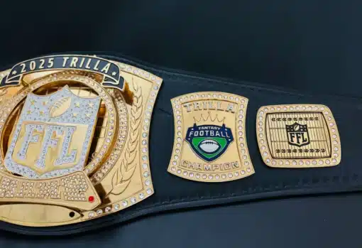 Engraved fantasy belt with TRILLA champion logo and gem border