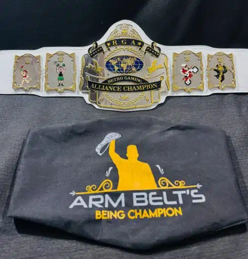 Retro Gaming Championship Belt with intricate engraving and customizable options for collectors and fans.