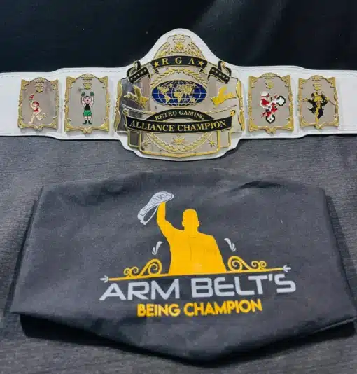 Retro Gaming Championship Belt with intricate engraving and customizable options for collectors and fans.