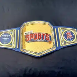 Close-up of the Barstool Sports logo on a gold-plated championship belt centerpiece.