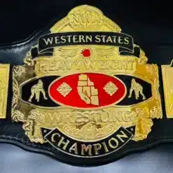 Close-up of the NWA Western States Heavyweight Championship Belt, featuring gold-plated metal plates