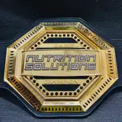 High-quality custom bodybuilding champion belt with gold-plated plates, black leather strap, and intricate engraved details.