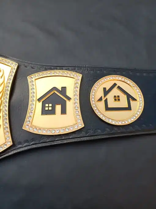 Personalize your real estate championship belt with custom engraved logos, text, and branding on gold-plated plates.