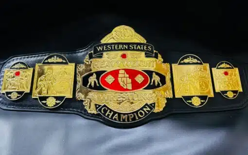 A full view of the NWA Western States Heavyweight Wrestling Belt, displaying all plates and the premium leather strap.