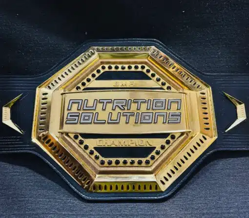 High-quality custom bodybuilding champion belt with gold-plated plates, black leather strap, and intricate engraved details.