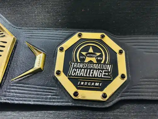 Custom-designed championship belt for gym competitions and weightlifting challenges, featuring bold gold plates and a stylish leather strap.