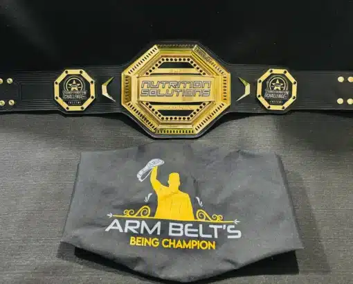 Octagon-style gold championship belt with custom fitness branding, designed for winners and top performers.