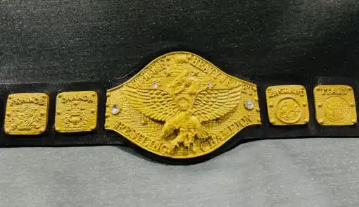 Retro WWWF Heavyweight Title replica belt featuring intricate gold-plated designs