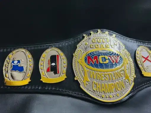 hampionship belt with gold-plated center and side plates, customizable for professional wrestling events and promotions.