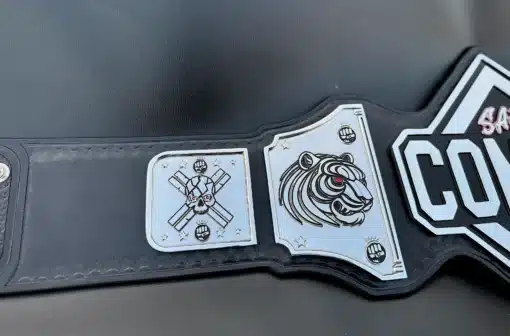 Premium SAJ Combat Belt side plate featuring a fierce engraved tiger design, symbolizing strength and power.