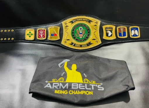 Gold-plated U.S. Army championship belt with engraved unit insignia and Swarovski gem detailing. with free belt bag