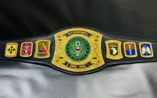 A fully customized U.S. Army championship belt, perfect for military retirement gifts, awards, and promotions.