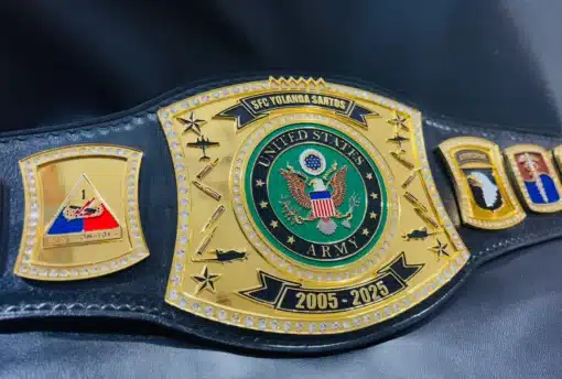 ustom U.S. Army wrestling-style championship belt with 24K gold plating and hand-set Swarovski gems.