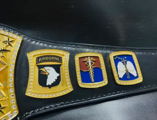 Airborne logo side plate on a personalized military championship belt, with options for custom logos and text.