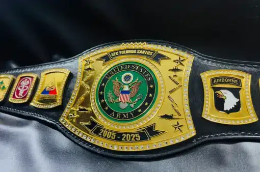 .S. Army Medical Corps insignia on a championship belt side plate, customizable for different military branches.