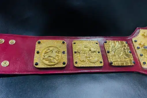 ngraved gold side plates on a vintage wrestling championship belt