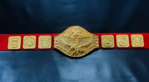 gold-plated center plate featuring an eagle, globe, and engraved "World Heavyweight Wrestling Champion" text.