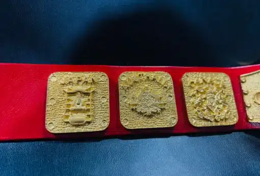 wrestling championship belt featuring gold-plated country emblem side plates and red leather strap.