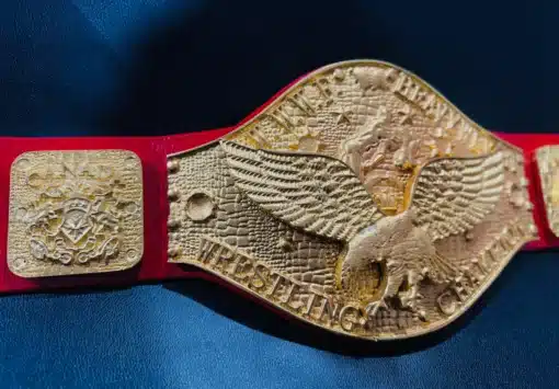 Right-side close-up of the World Heavyweight Wrestling Championship Belt, displaying the finely detailed country engravings.