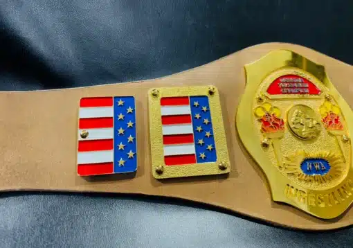 ide plate featuring an American flag with blue enamel stars and red and white stripes, part of the NWA Georgia TV Championship Belt.