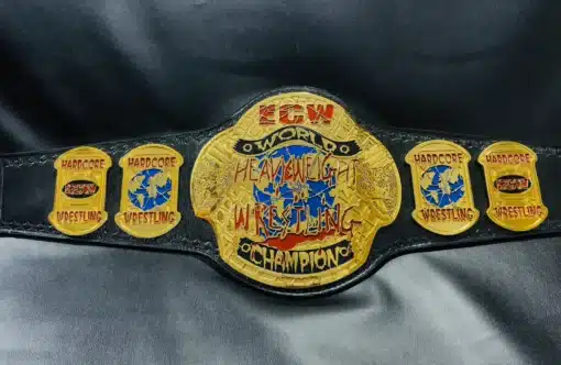 Exact ECW World Heavyweight Championship belt replica with 24K gold plating, 5mm deep-engraved plates, and a genuine leather strap.