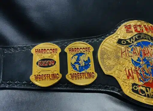 Detailed side plates of the ECW World Heavyweight Championship belt, showcasing Hardcore Wrestling graphics