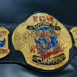 Close-up of the ECW World Championship belt logo, with deep-engraved text and high-definition craftsmanship.