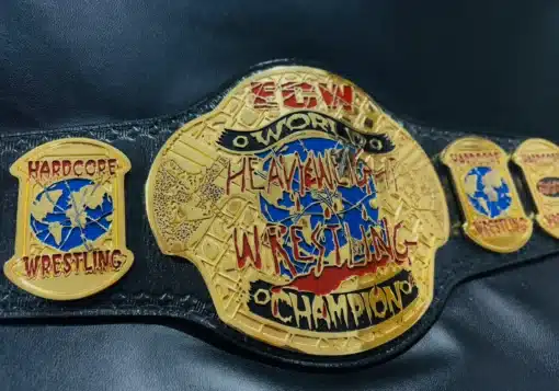 Close-up of the ECW World Championship belt logo, with deep-engraved text and high-definition craftsmanship.