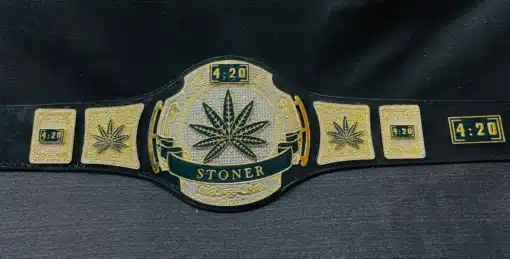 Custom Stoner 4:20 Championship Belt with gold-plated plates, cannabis leaf design, and black leather strap.