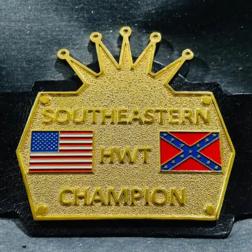 Full front view of the Southeastern Heavyweight Championship Belt featuring a gold-plated