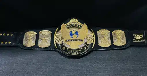 Full front view of the WWF Winged Eagle Championship Belt replica with dual-plated gold & chrome finish and nugget-textured plates.