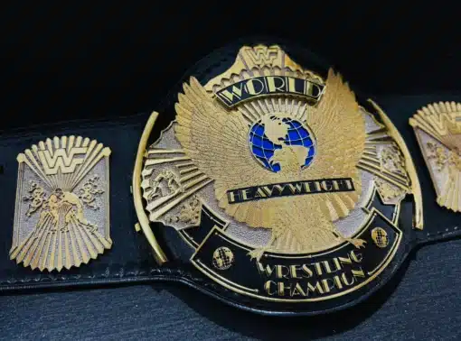 Authentic WWF logo detailing on the Winged Eagle Championship Belt replica for a true-to-original look.